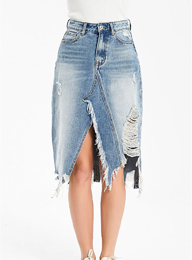 Irregular Tassel Ripped Denim Skirt