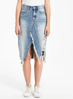 Irregular Tassel Ripped Denim Skirt
