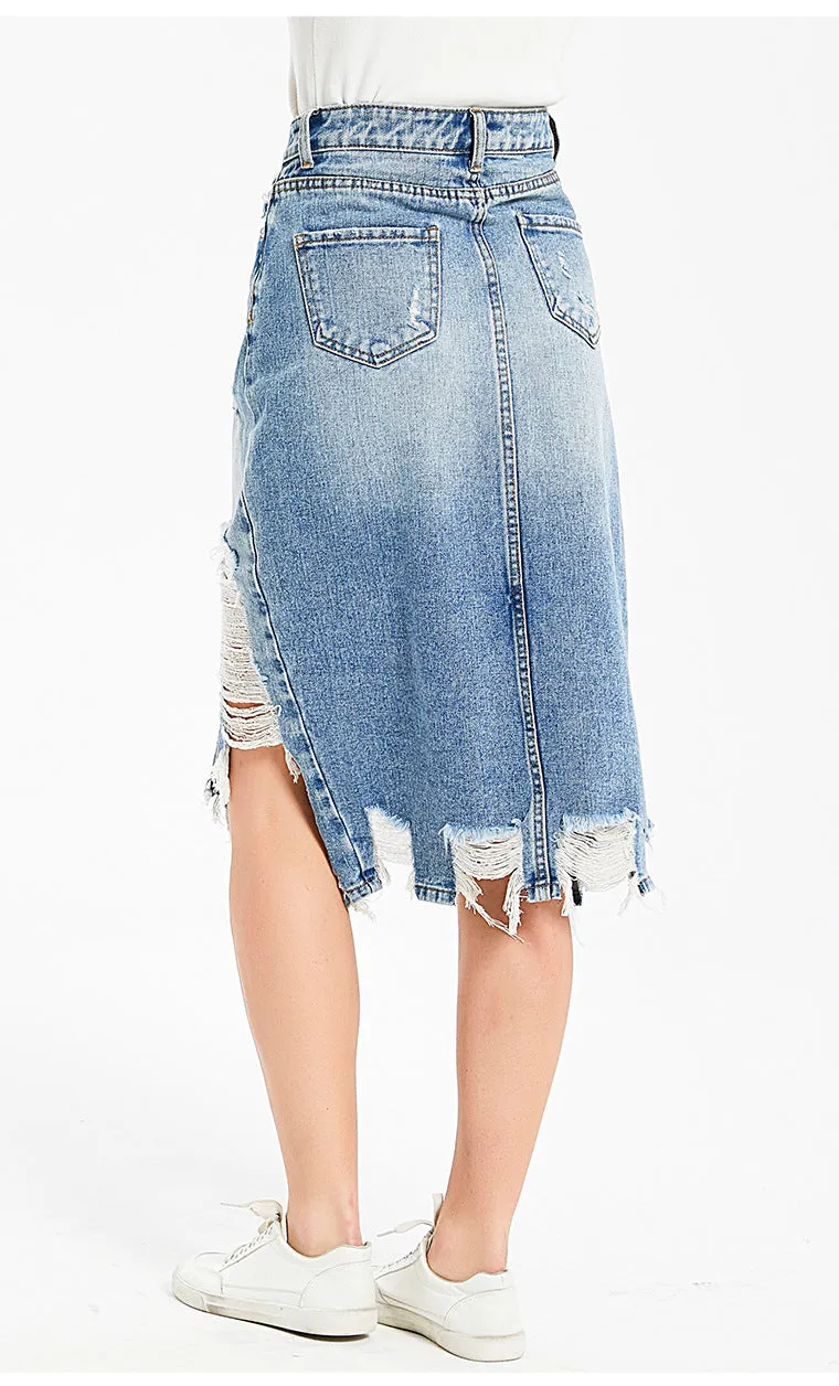 Irregular Tassel Ripped Denim Skirt