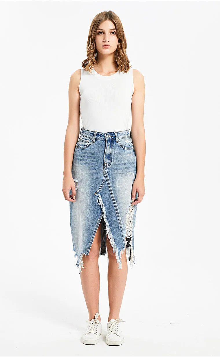 Irregular Tassel Ripped Denim Skirt