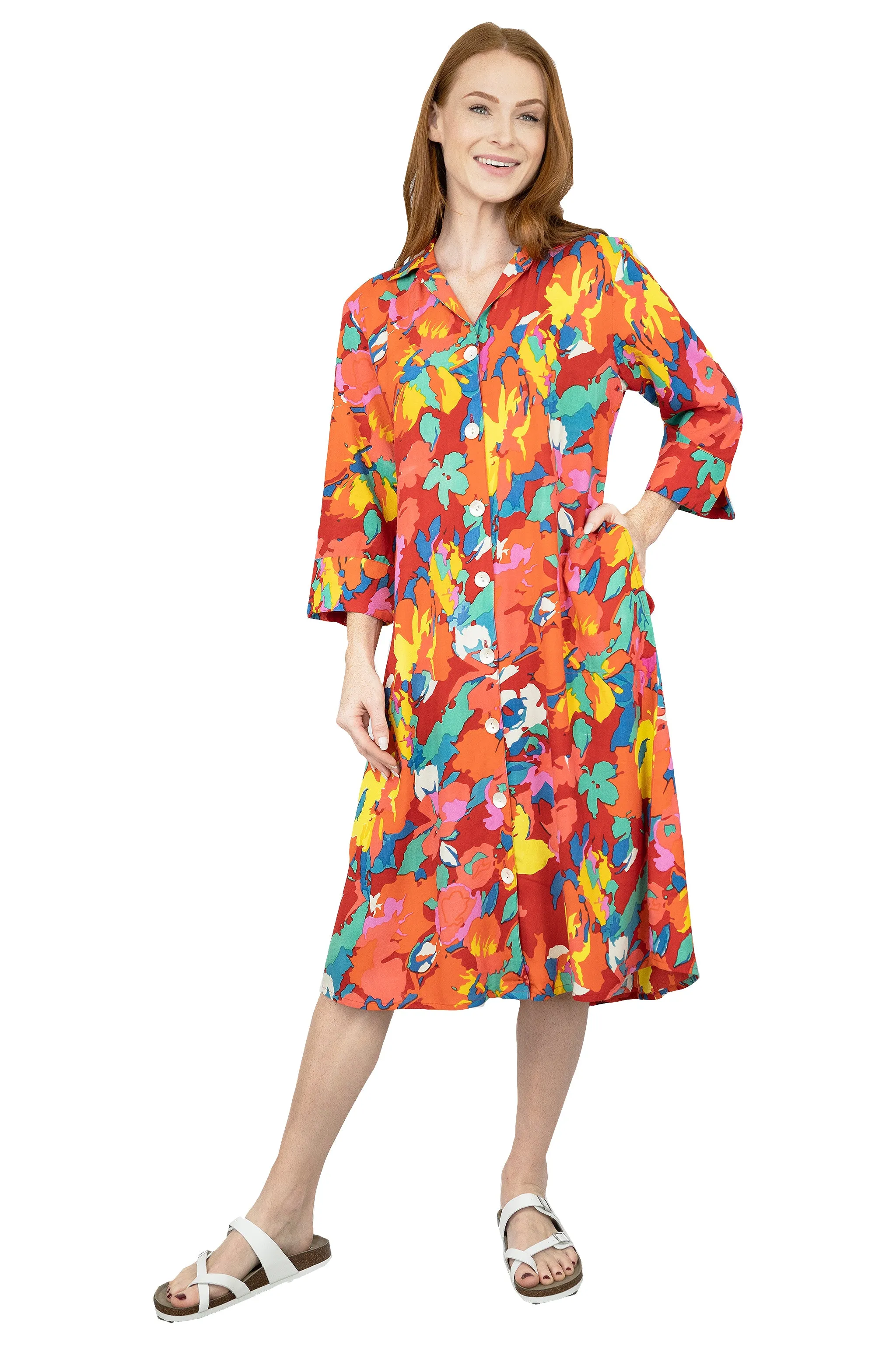 La Cera Summer Floral Printed Button Front Shirt Dress