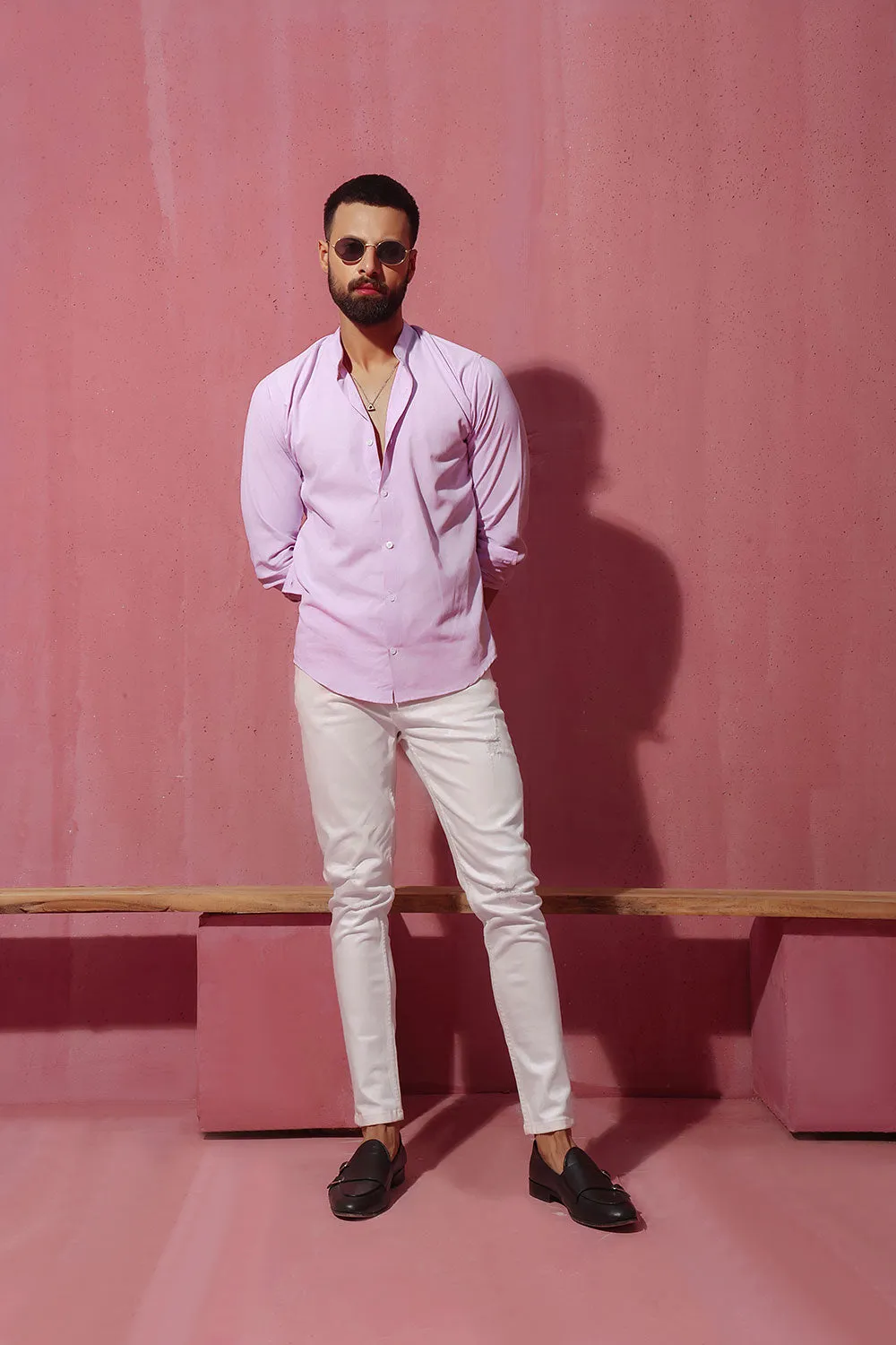 Lilac Linen With Stand-Up Collar Shirt