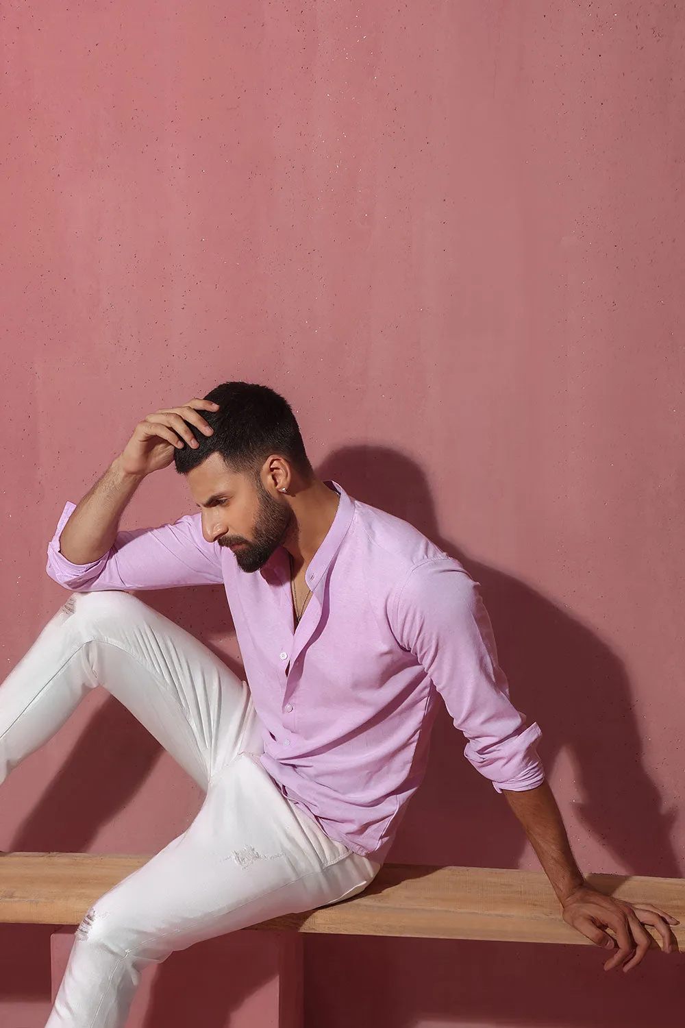 Lilac Linen With Stand-Up Collar Shirt