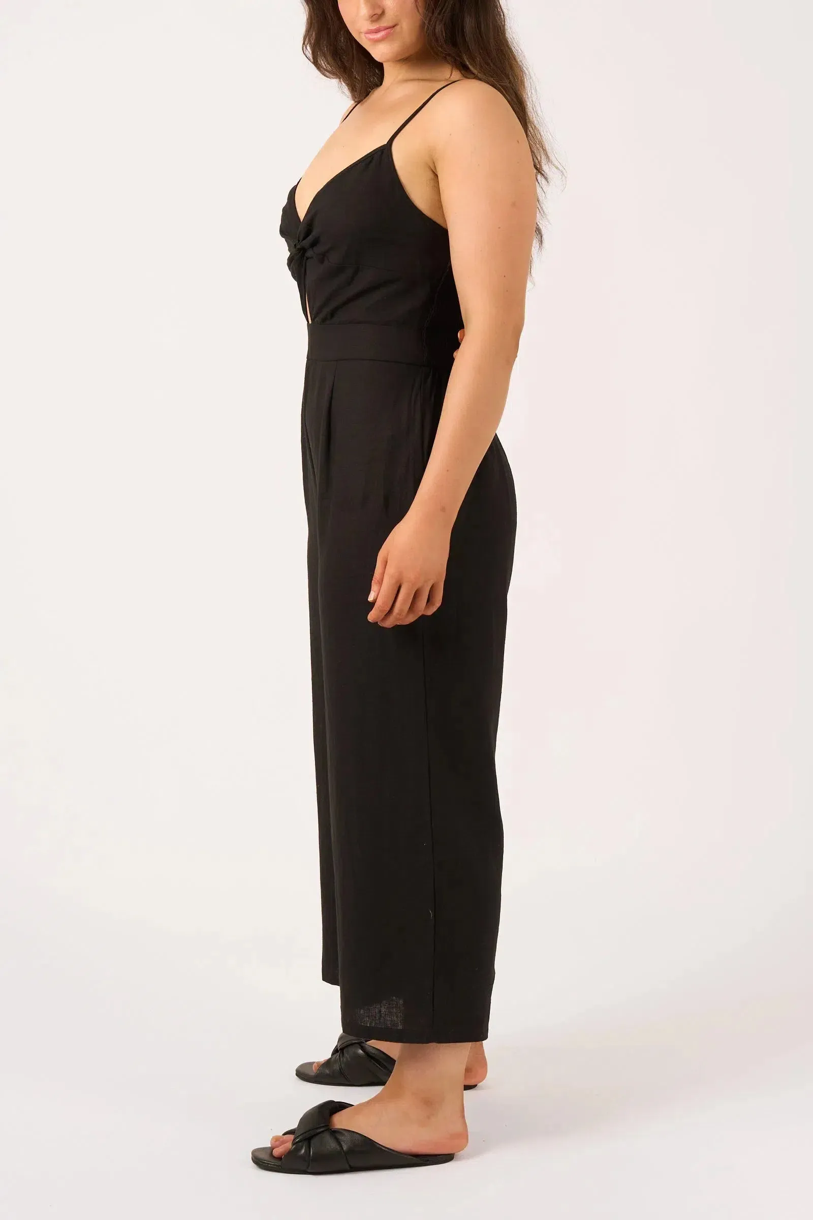 Linen Blend Twist Front Jumpsuit - Black