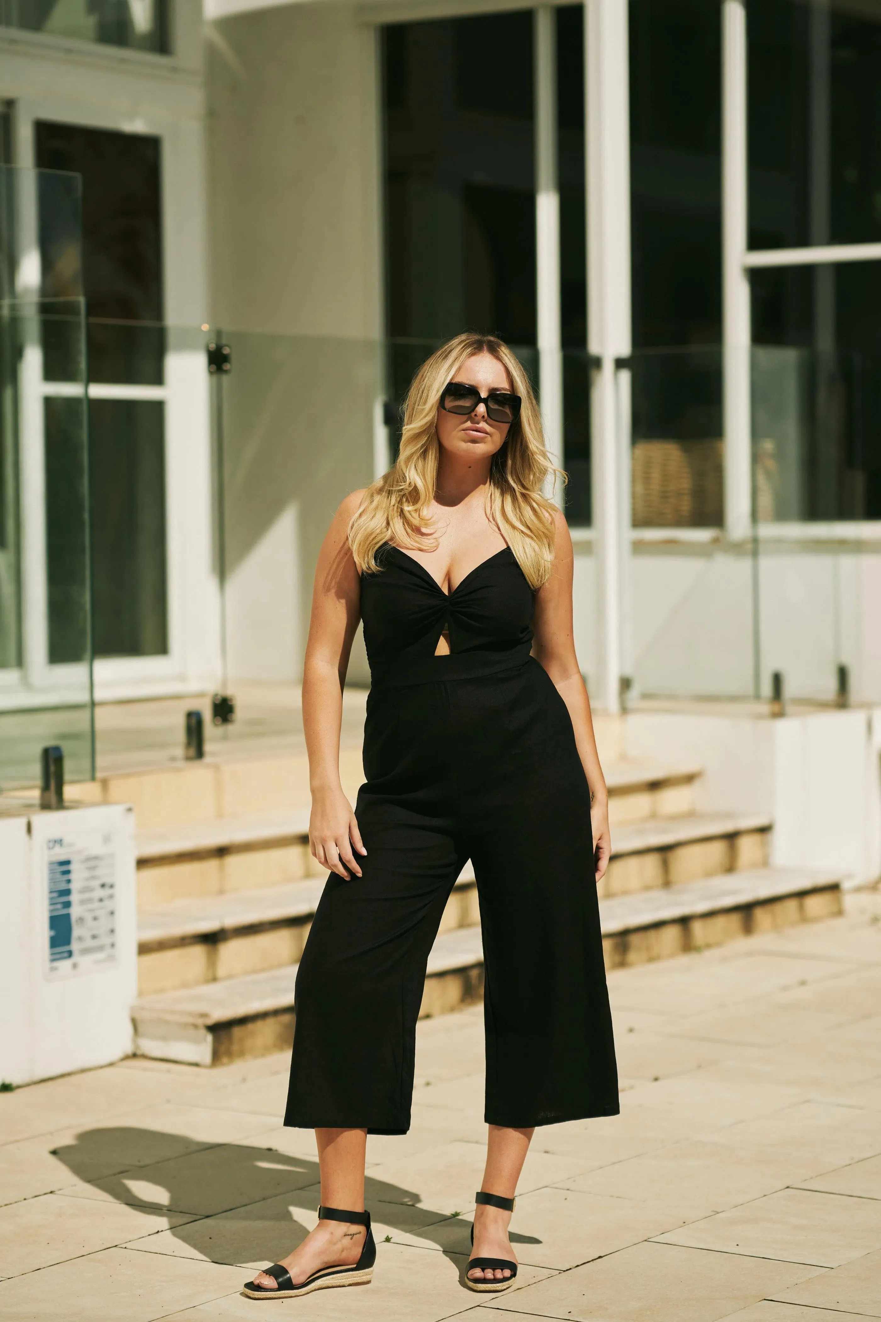 Linen Blend Twist Front Jumpsuit - Black