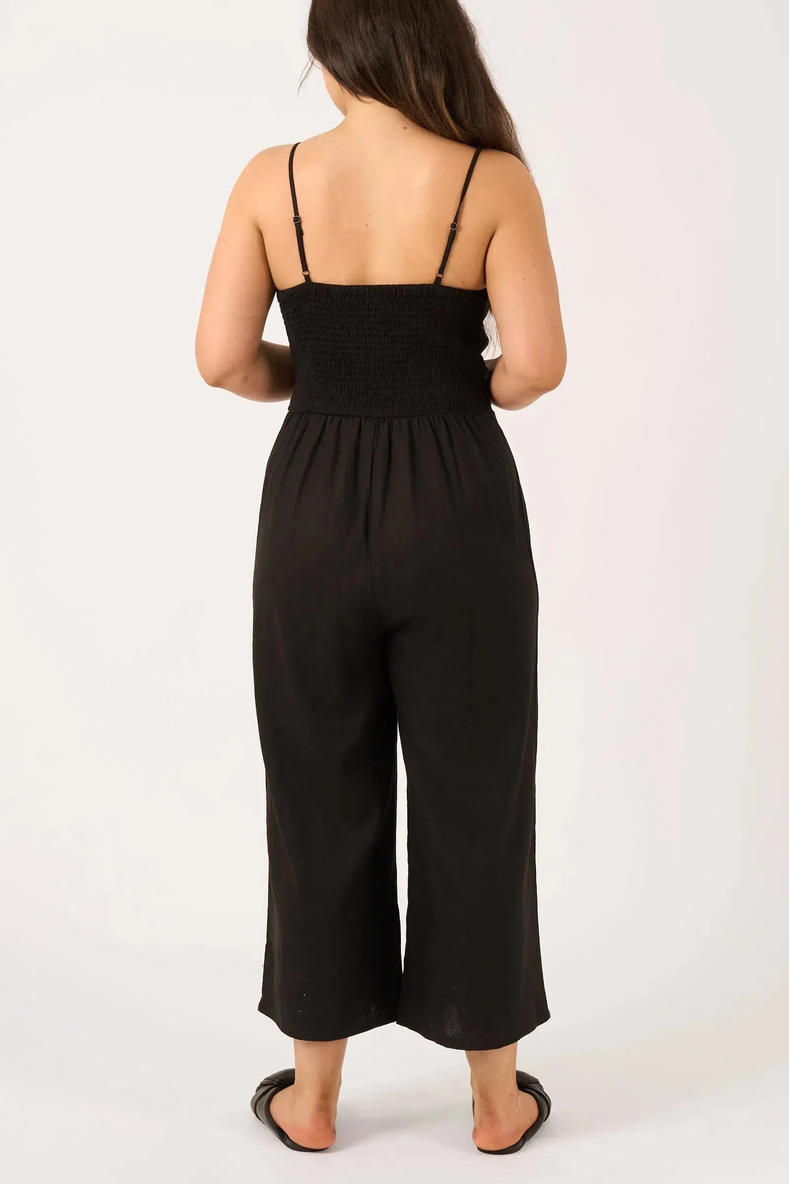 Linen Blend Twist Front Jumpsuit - Black