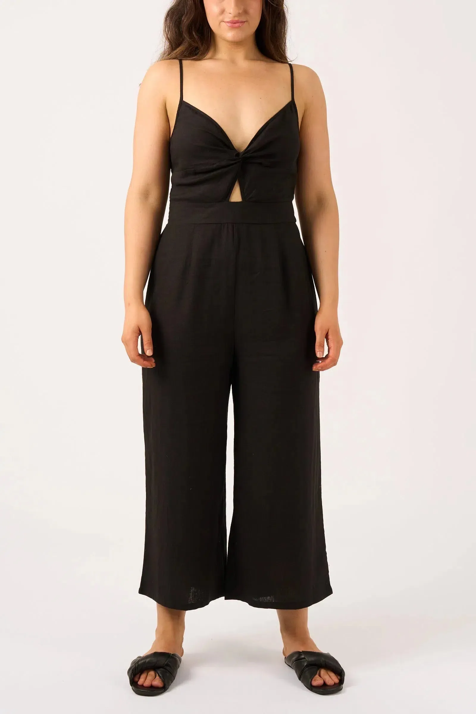 Linen Blend Twist Front Jumpsuit - Black