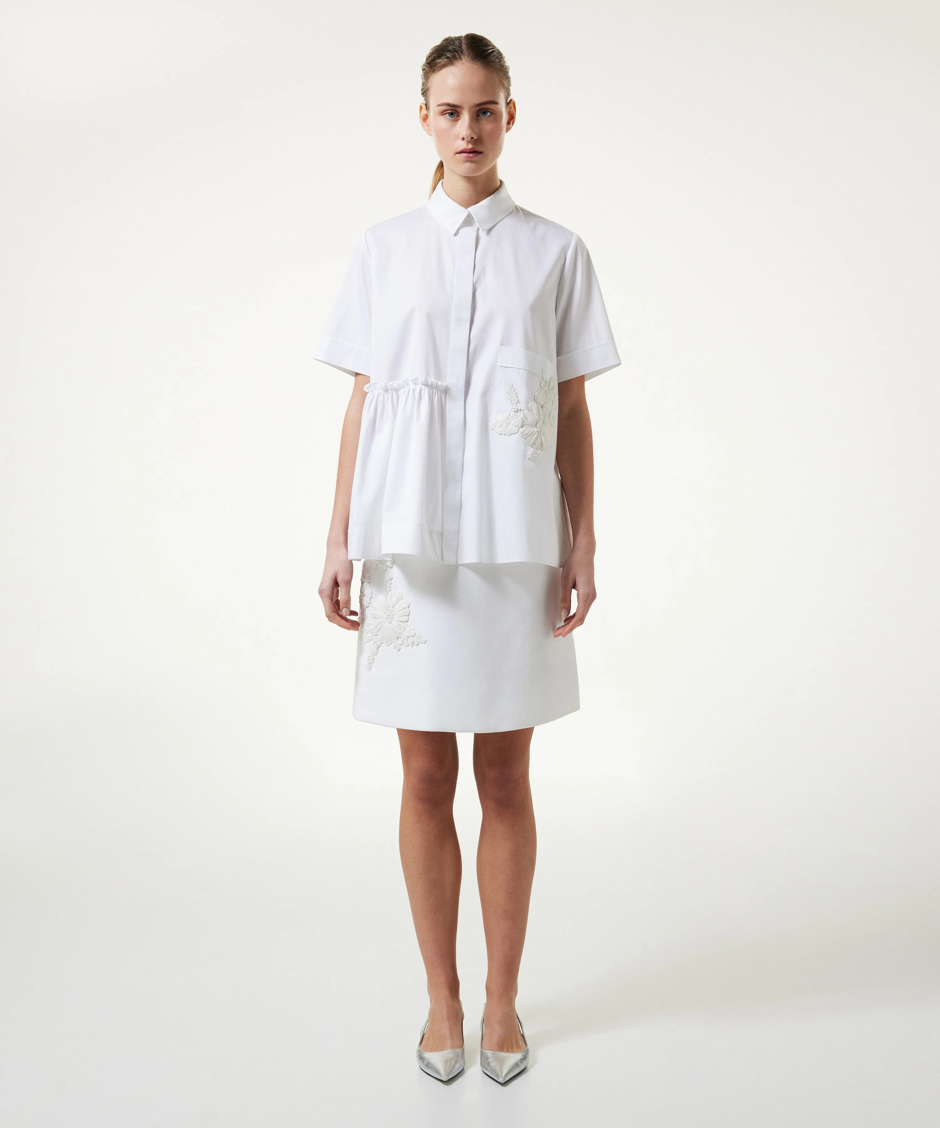Machka Asymmetric Flounce Embroidered Shirt White