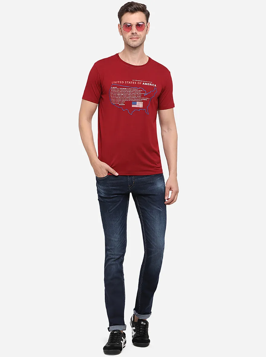 Maroon Printed Slim Fit T-Shirt | JadeBlue