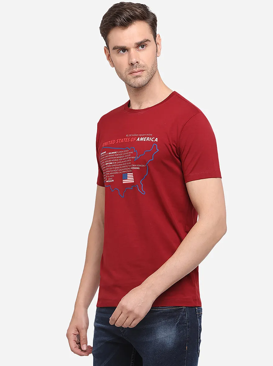 Maroon Printed Slim Fit T-Shirt | JadeBlue