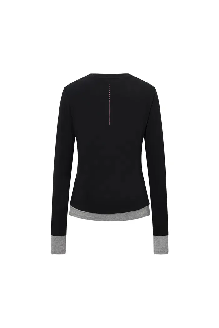 Maya Black and Grey Layered Look Long Sleeve Top in Tencel-Merino
