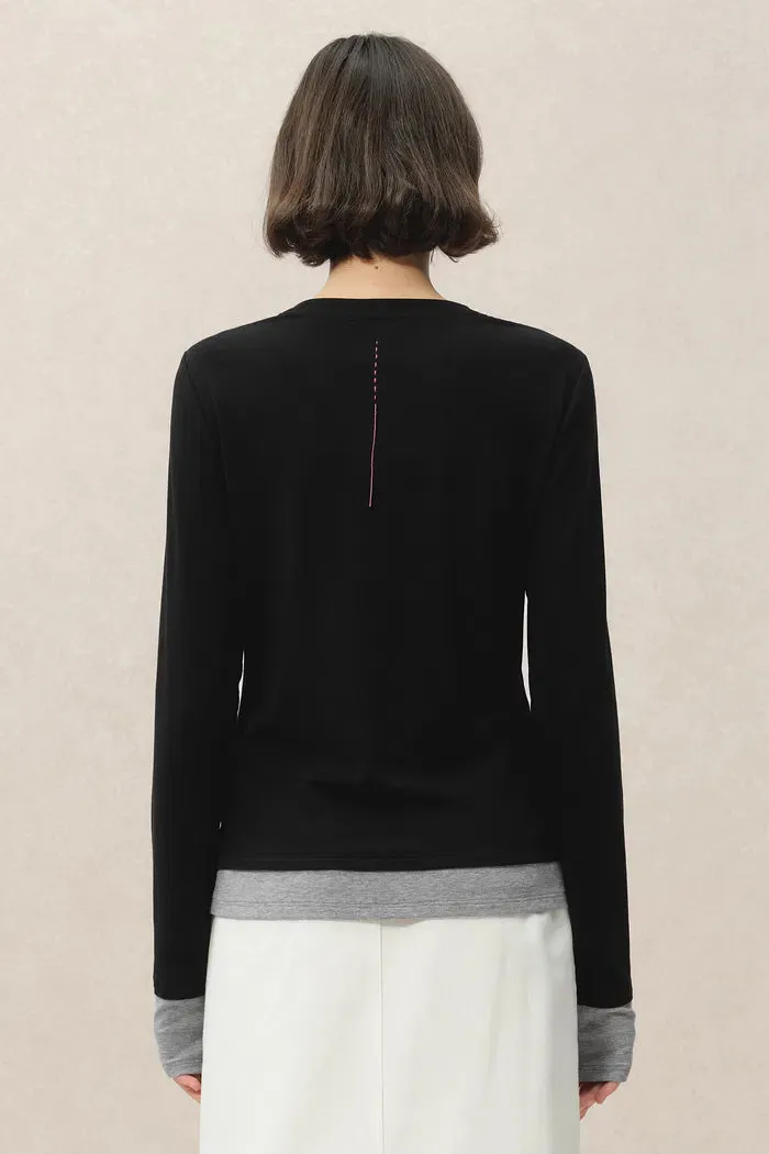 Maya Black and Grey Layered Look Long Sleeve Top in Tencel-Merino