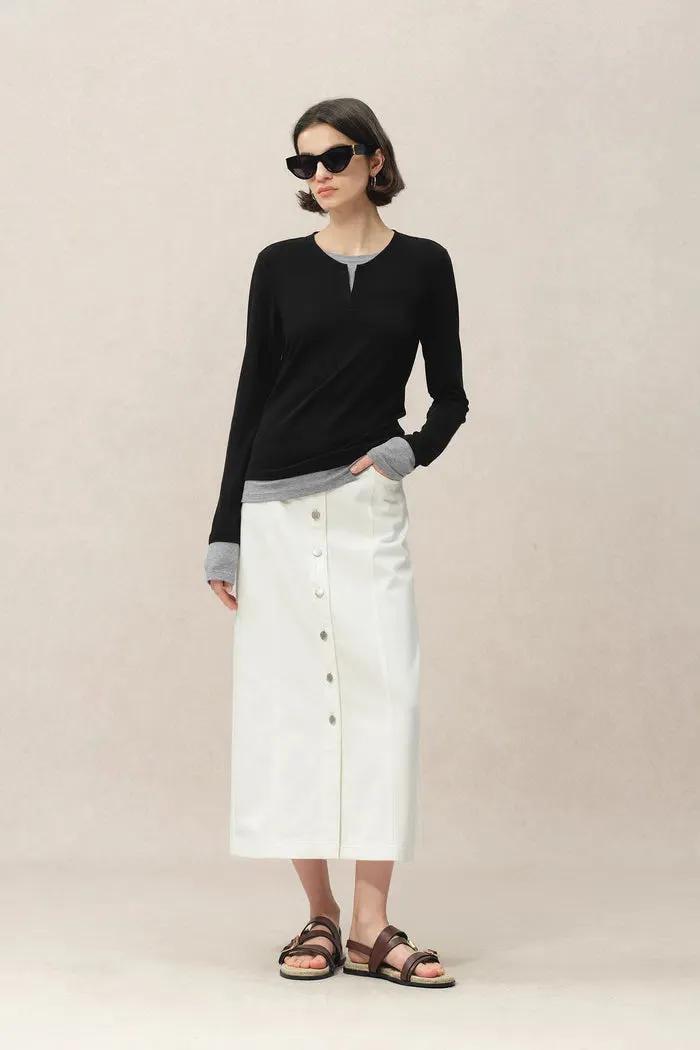 Maya Black and Grey Layered Look Long Sleeve Top in Tencel-Merino