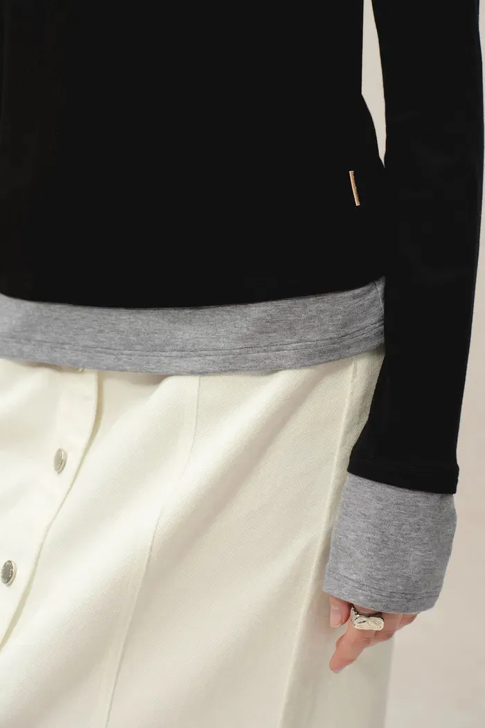 Maya Black and Grey Layered Look Long Sleeve Top in Tencel-Merino