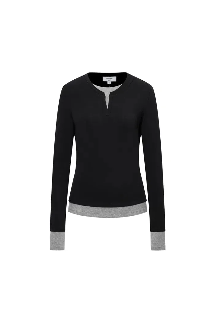Maya Black and Grey Layered Look Long Sleeve Top in Tencel-Merino