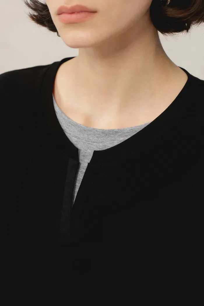 Maya Black and Grey Layered Look Long Sleeve Top in Tencel-Merino