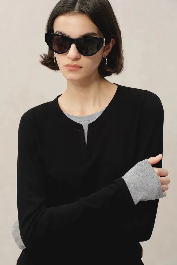 Maya Black and Grey Layered Look Long Sleeve Top in Tencel-Merino
