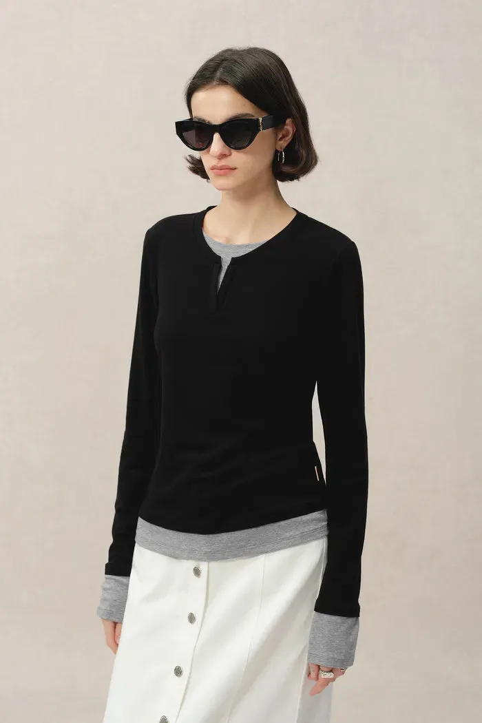 Maya Black and Grey Layered Look Long Sleeve Top in Tencel-Merino