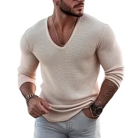 Men's Casual Solid Color U-Neck Slim Fit Long Sleeve Sweater 99726087M