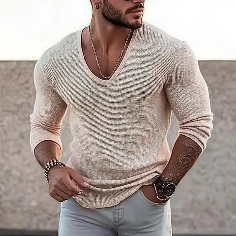 Men's Casual Solid Color U-Neck Slim Fit Long Sleeve Sweater 99726087M