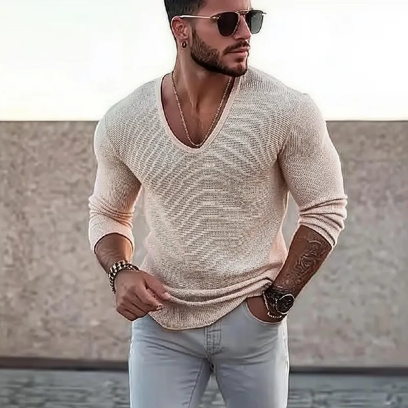 Men's Casual Solid Color U-Neck Slim Fit Long Sleeve Sweater 99726087M