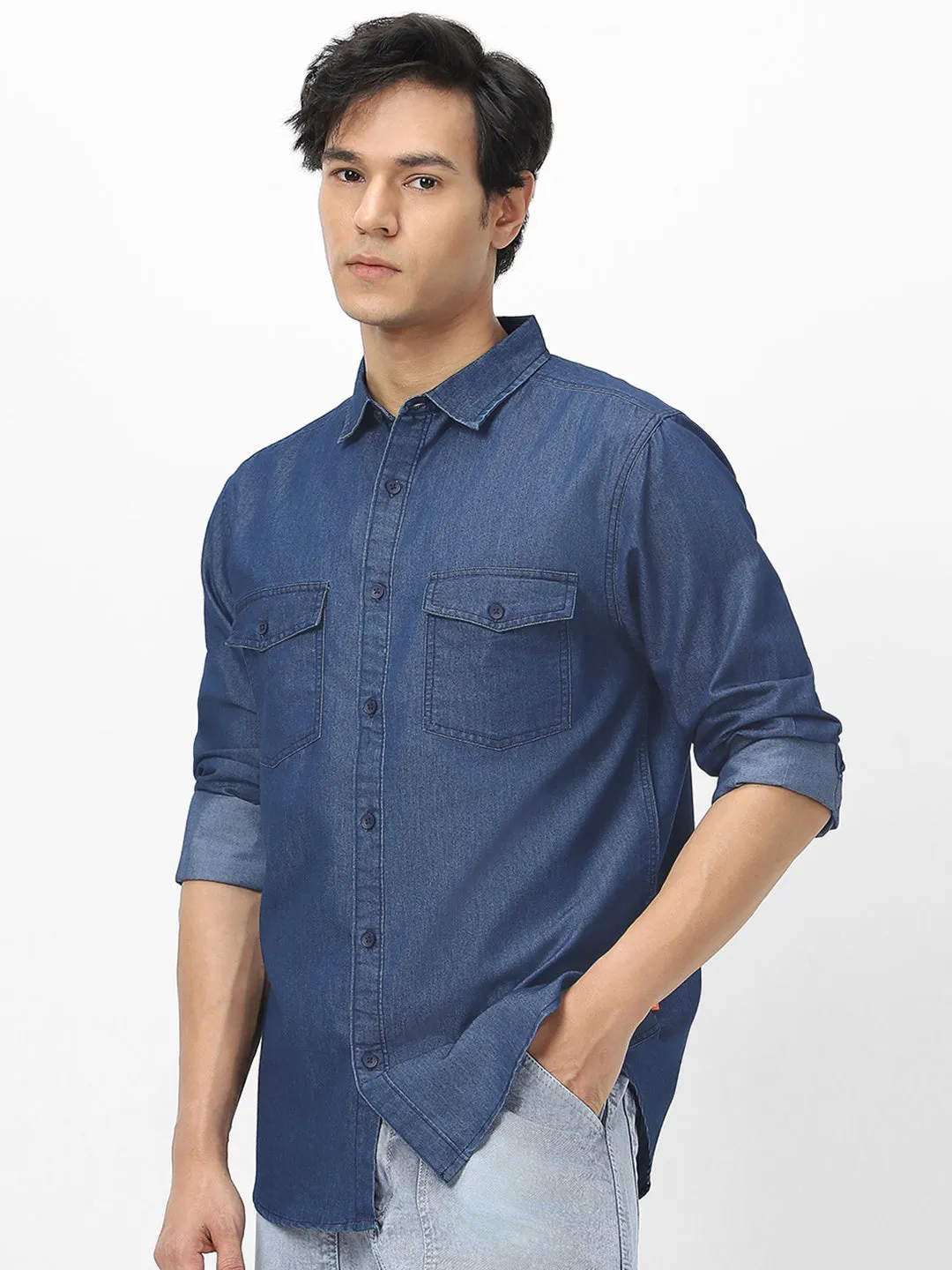 Men's Dark Blue Full Sleeve Regular Fit Casual Denim Shirt