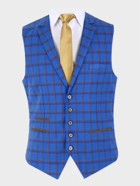 Men's Slim Fit Retro Check Blazer and Waistcoat - GRAVANO - Royal Blue