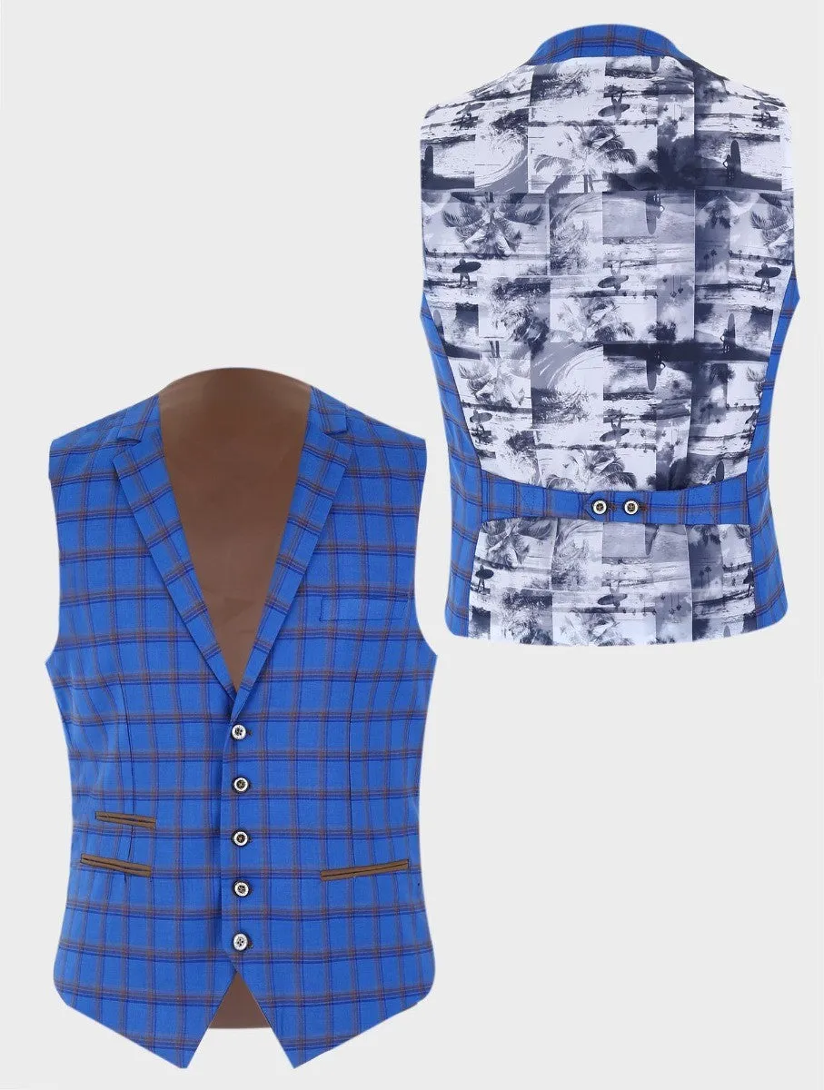 Men's Slim Fit Retro Check Blazer and Waistcoat - GRAVANO - Royal Blue