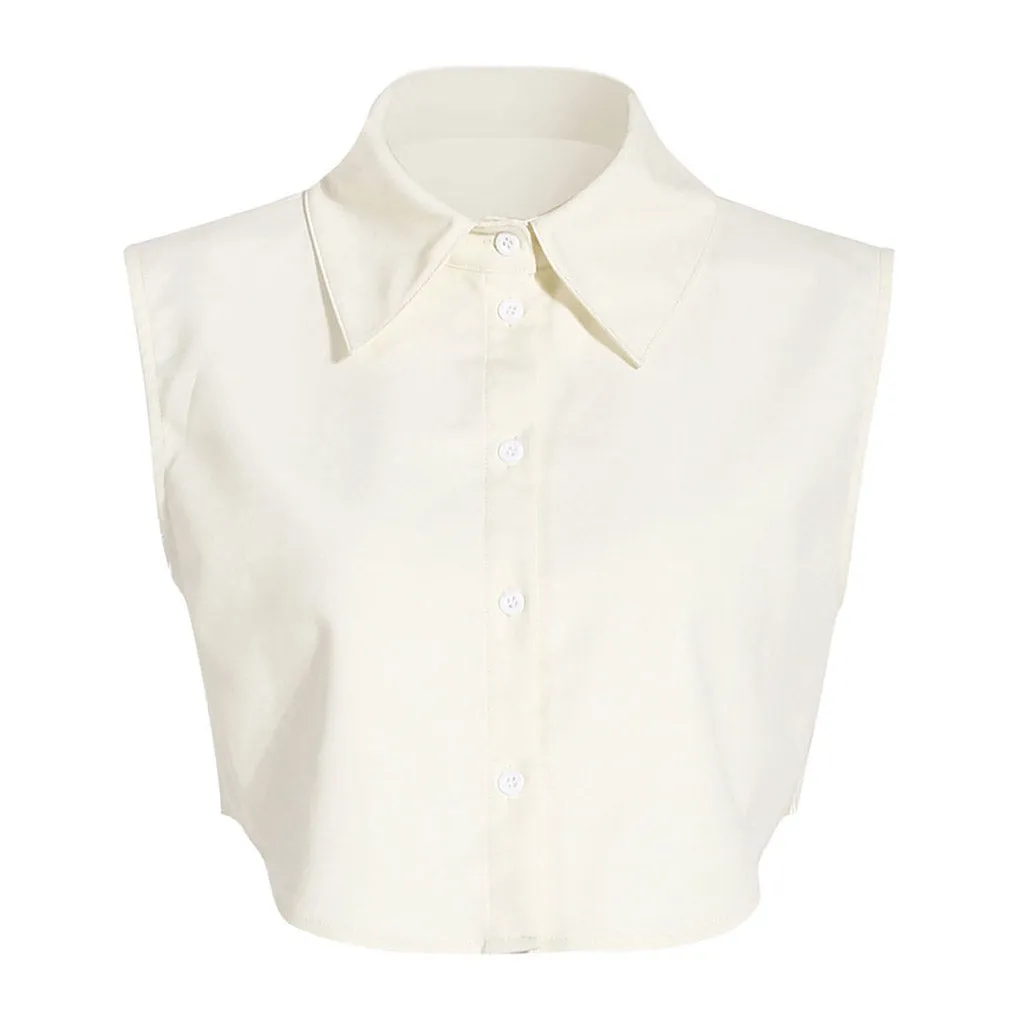 Metal Detail Puff Wavy Sleeve Collared Button Down Crop Vest Matching Set