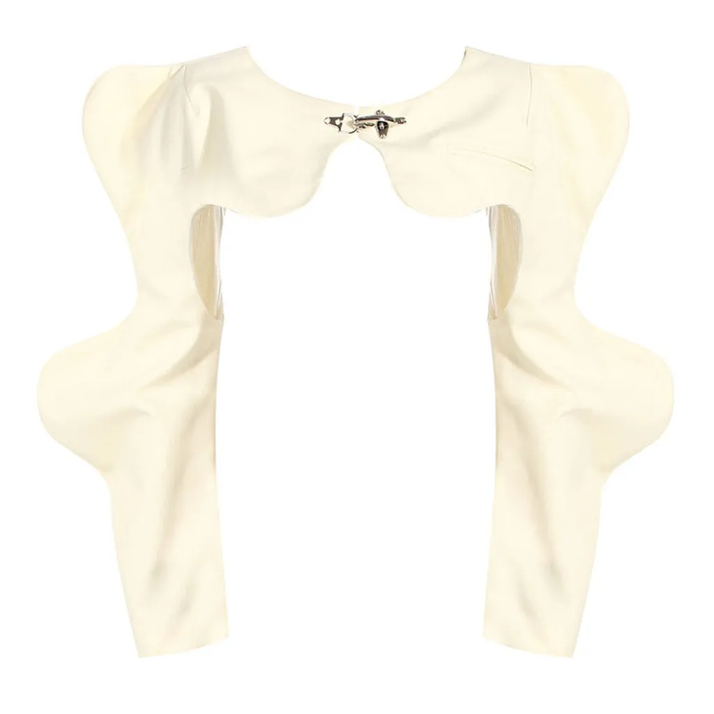 Metal Detail Puff Wavy Sleeve Collared Button Down Crop Vest Matching Set