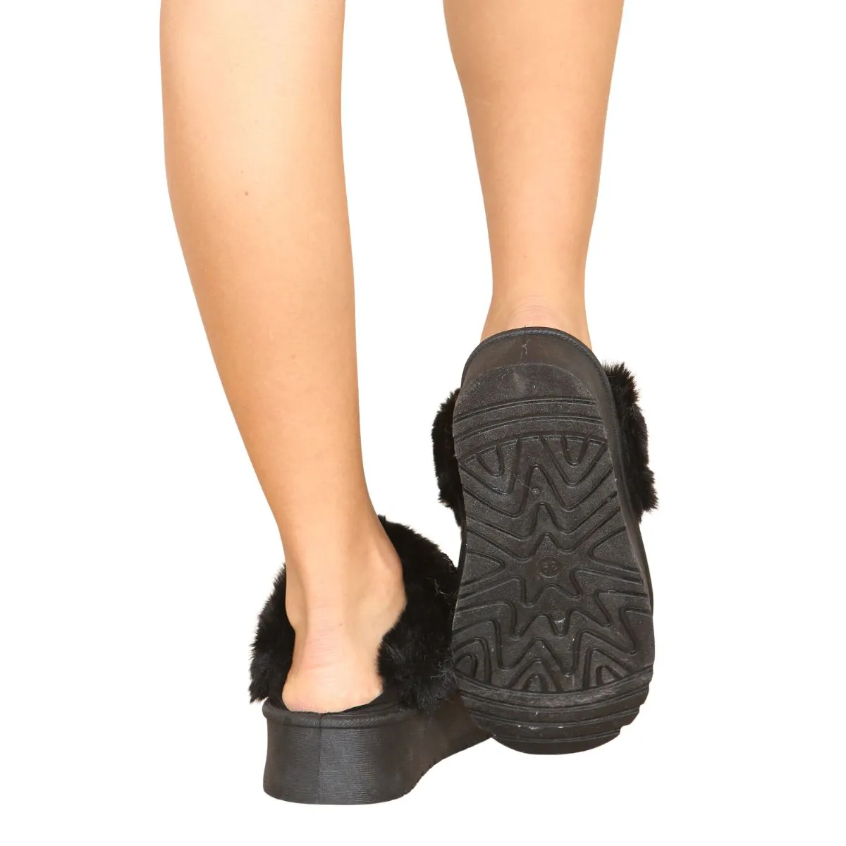 NOTCH PLATFORM  SLIPPER FAUX FUR FLUFFY SHOES