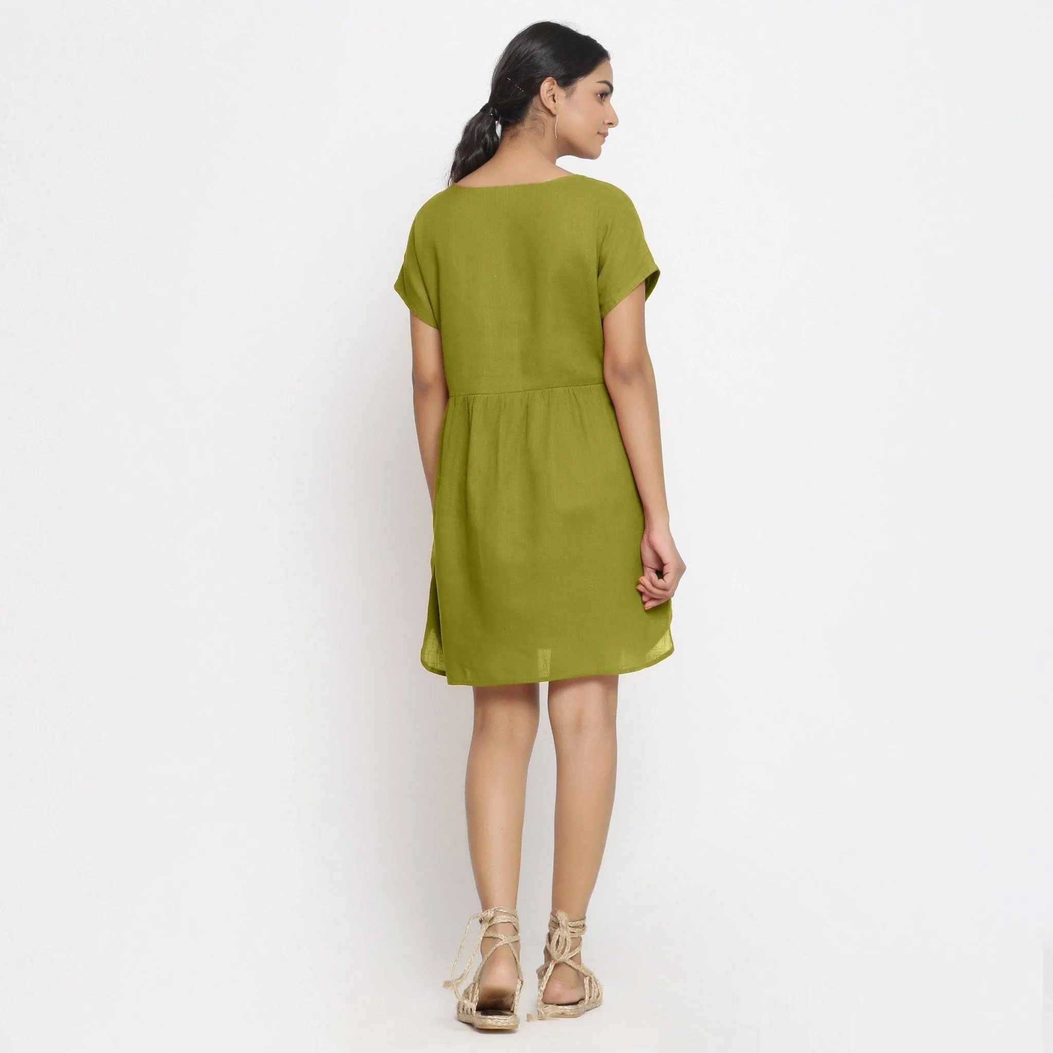 Olive Green Cotton V-Neck Short Wrap Dress