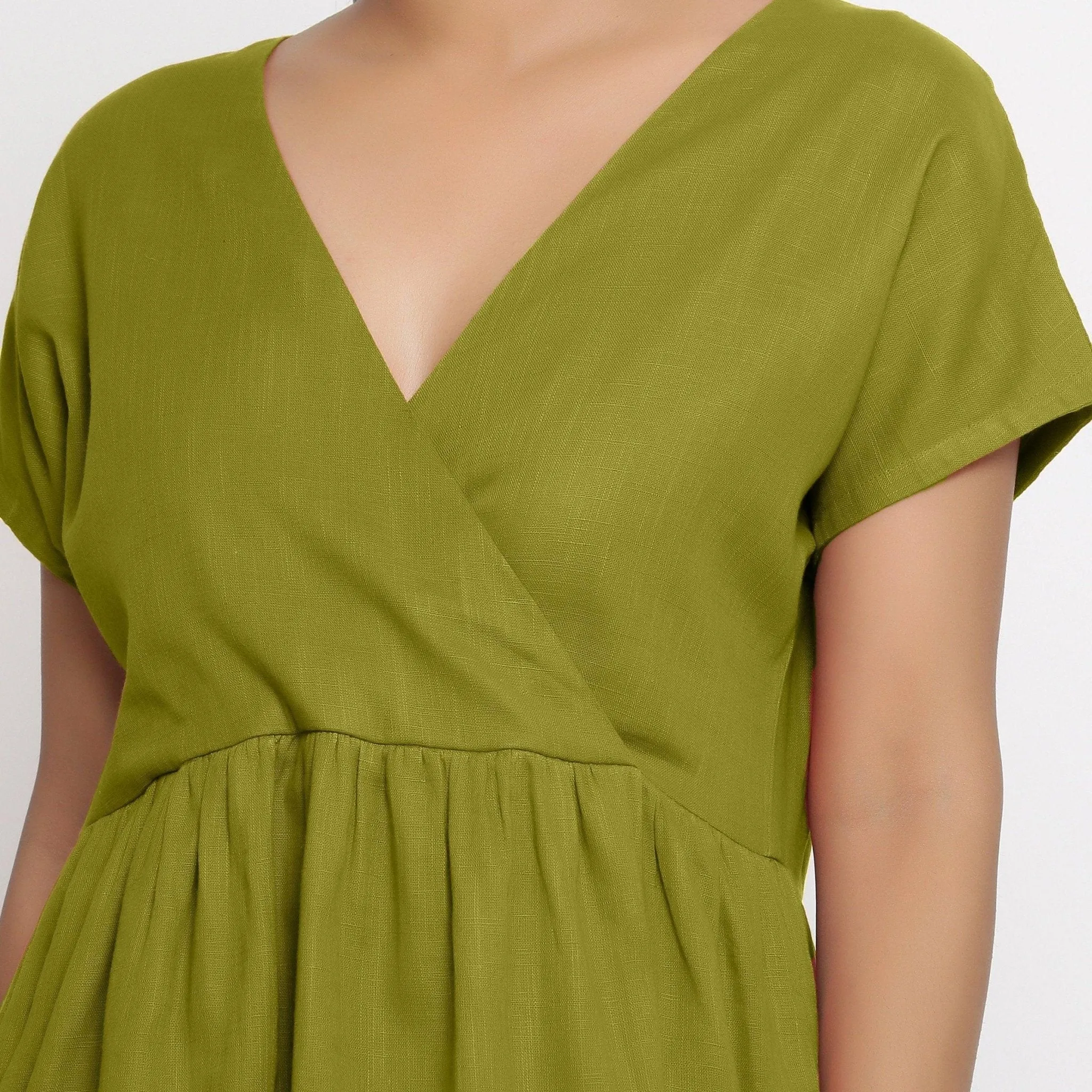 Olive Green Cotton V-Neck Short Wrap Dress