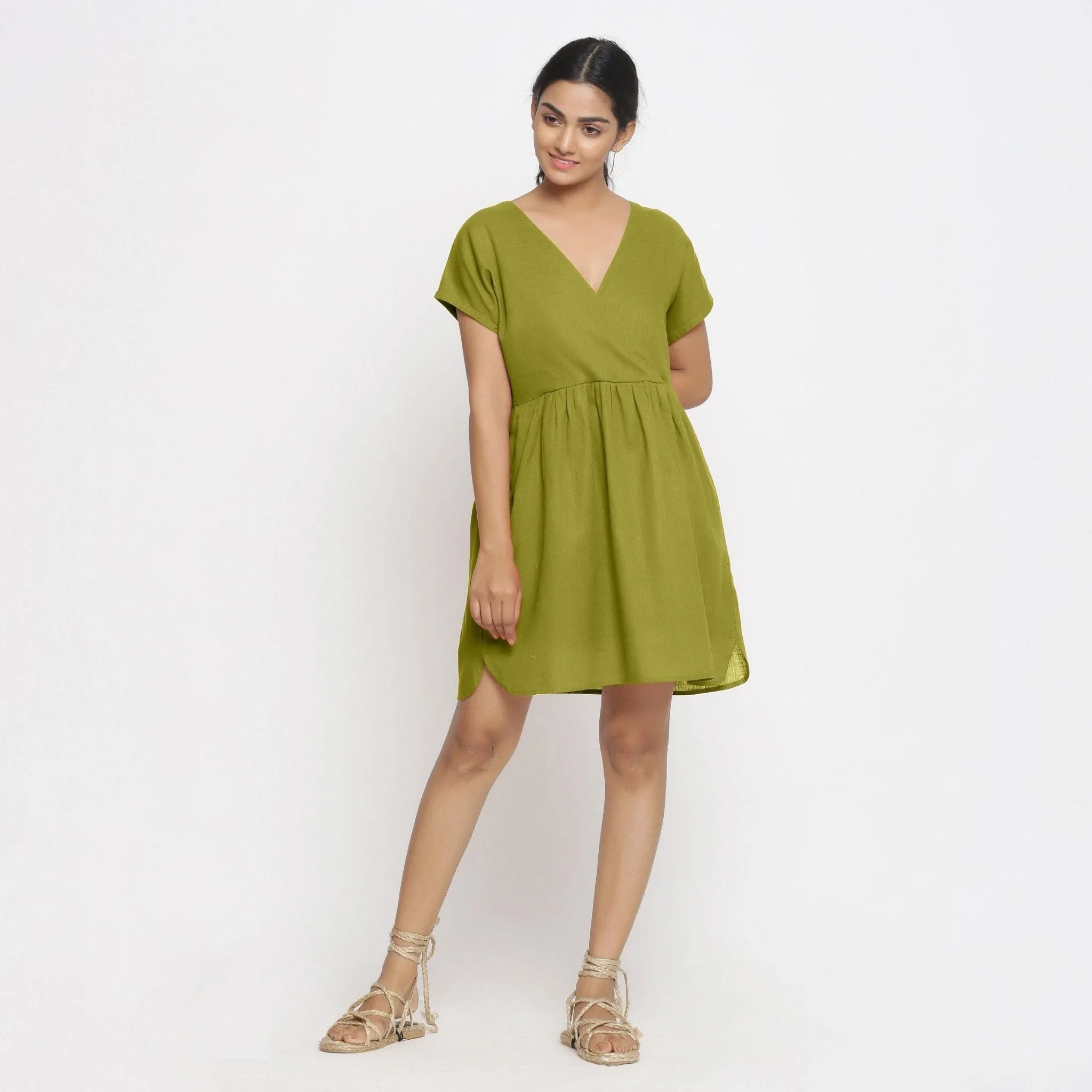 Olive Green Cotton V-Neck Short Wrap Dress