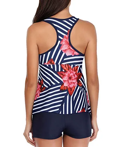 Padded Push Up Two Piece Tankini & Boyshort-Blue Floral