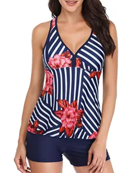 Padded Push Up Two Piece Tankini & Boyshort-Blue Floral