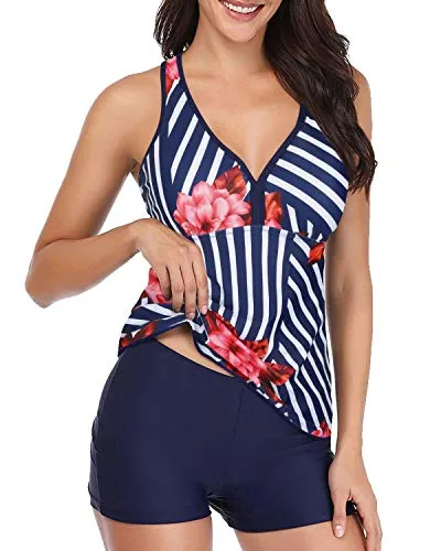 Padded Push Up Two Piece Tankini & Boyshort-Blue Floral