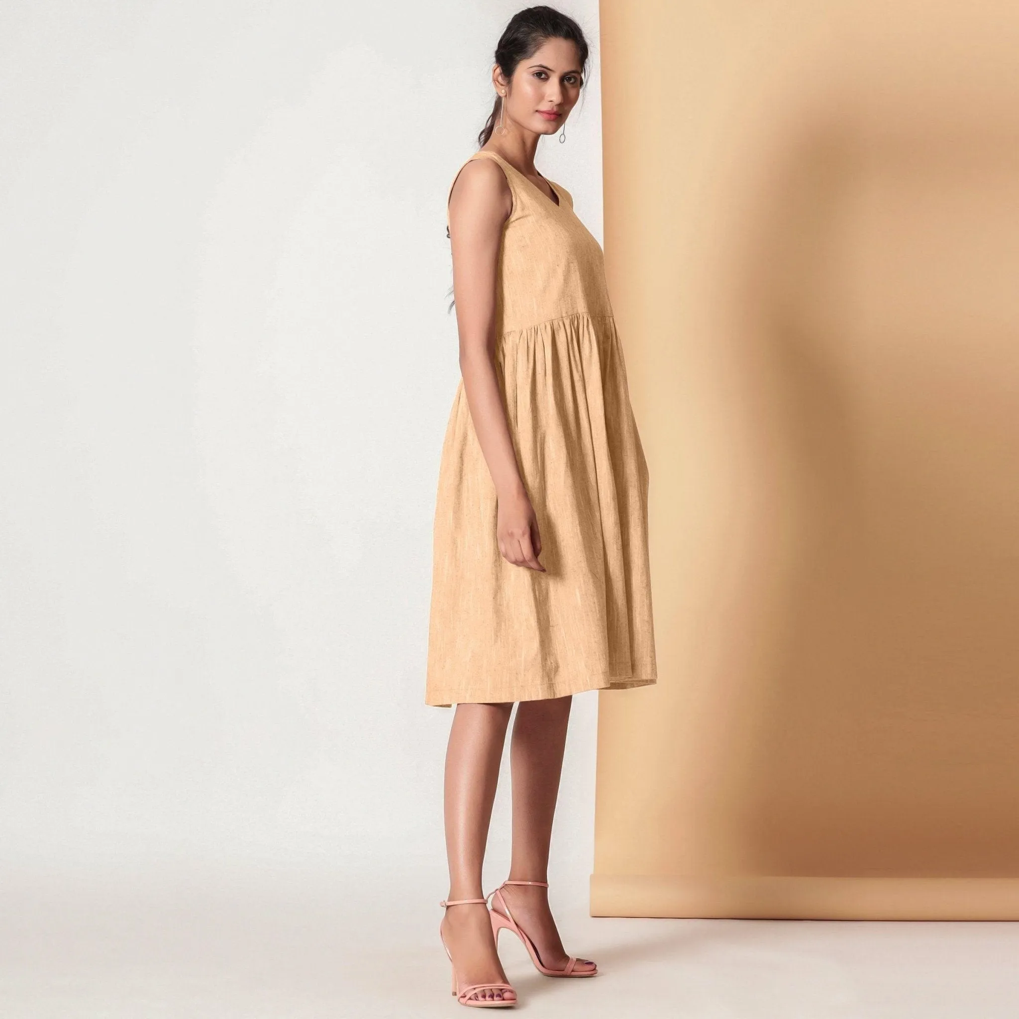 Peach Mellow Yarn Dyed Cotton V-Neck Yoked Midi Dress