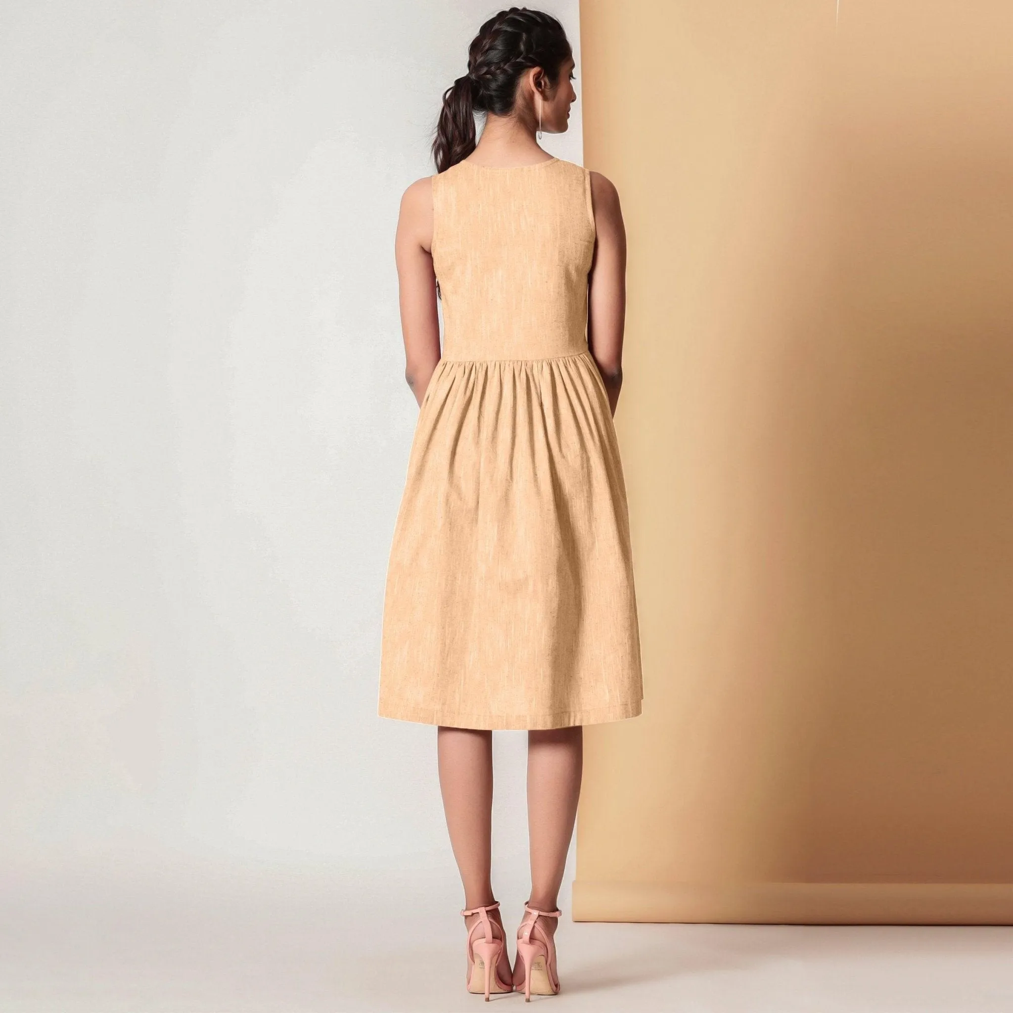 Peach Mellow Yarn Dyed Cotton V-Neck Yoked Midi Dress