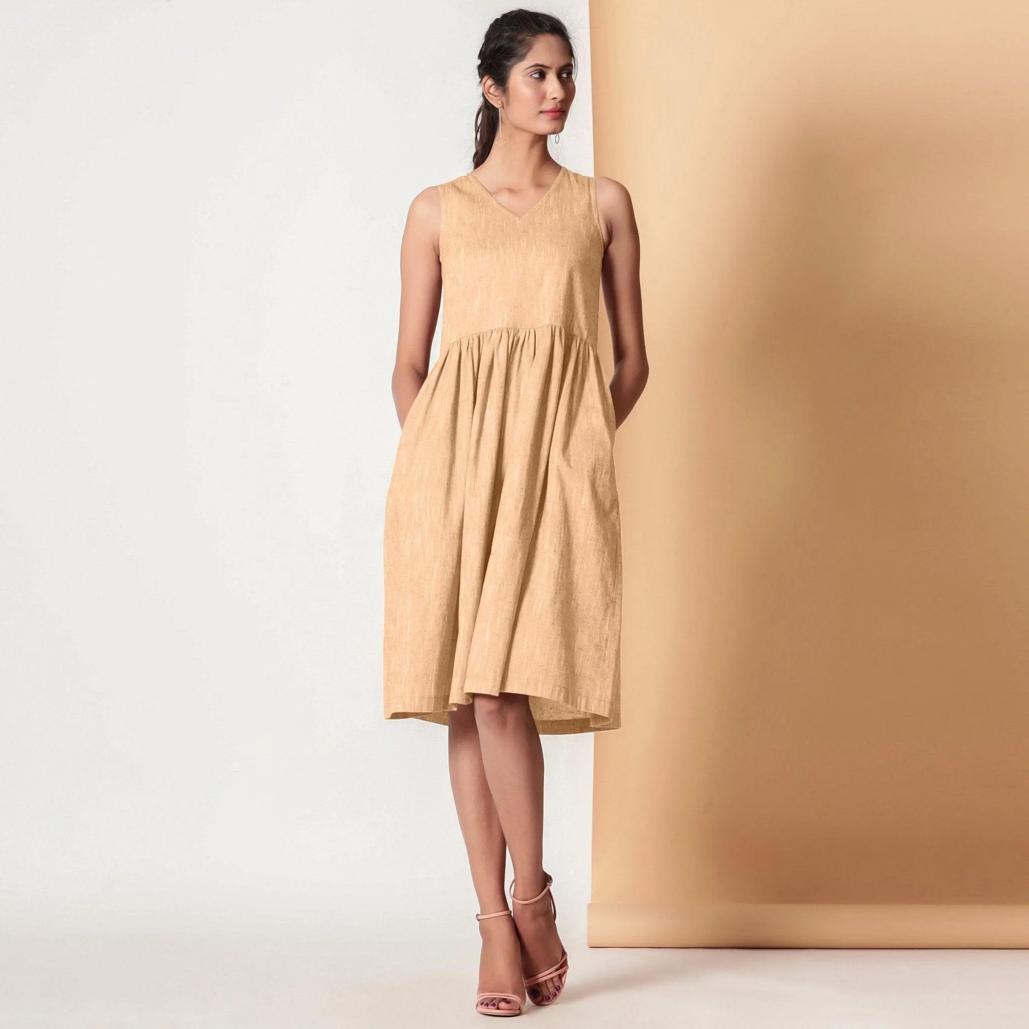 Peach Mellow Yarn Dyed Cotton V-Neck Yoked Midi Dress