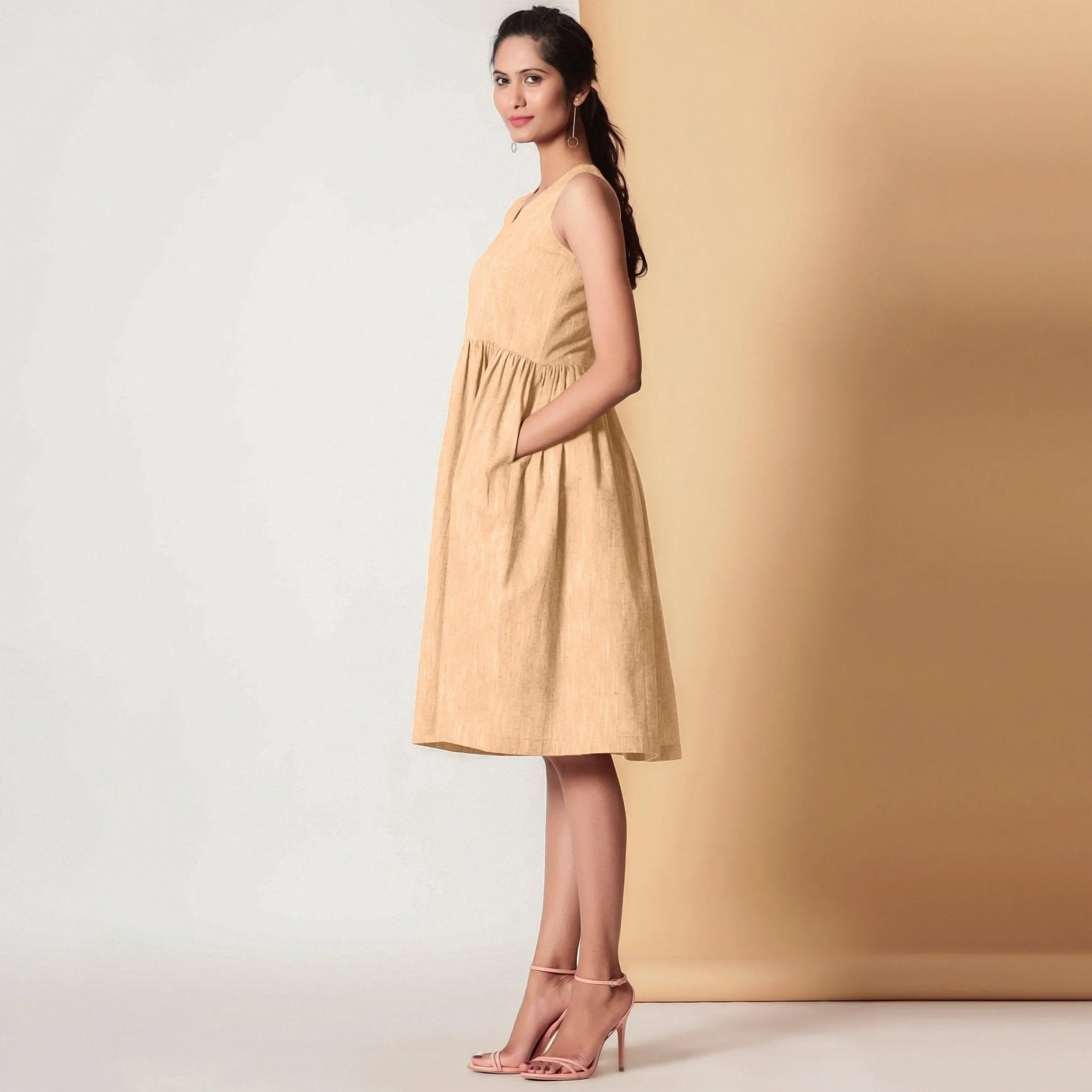 Peach Mellow Yarn Dyed Cotton V-Neck Yoked Midi Dress