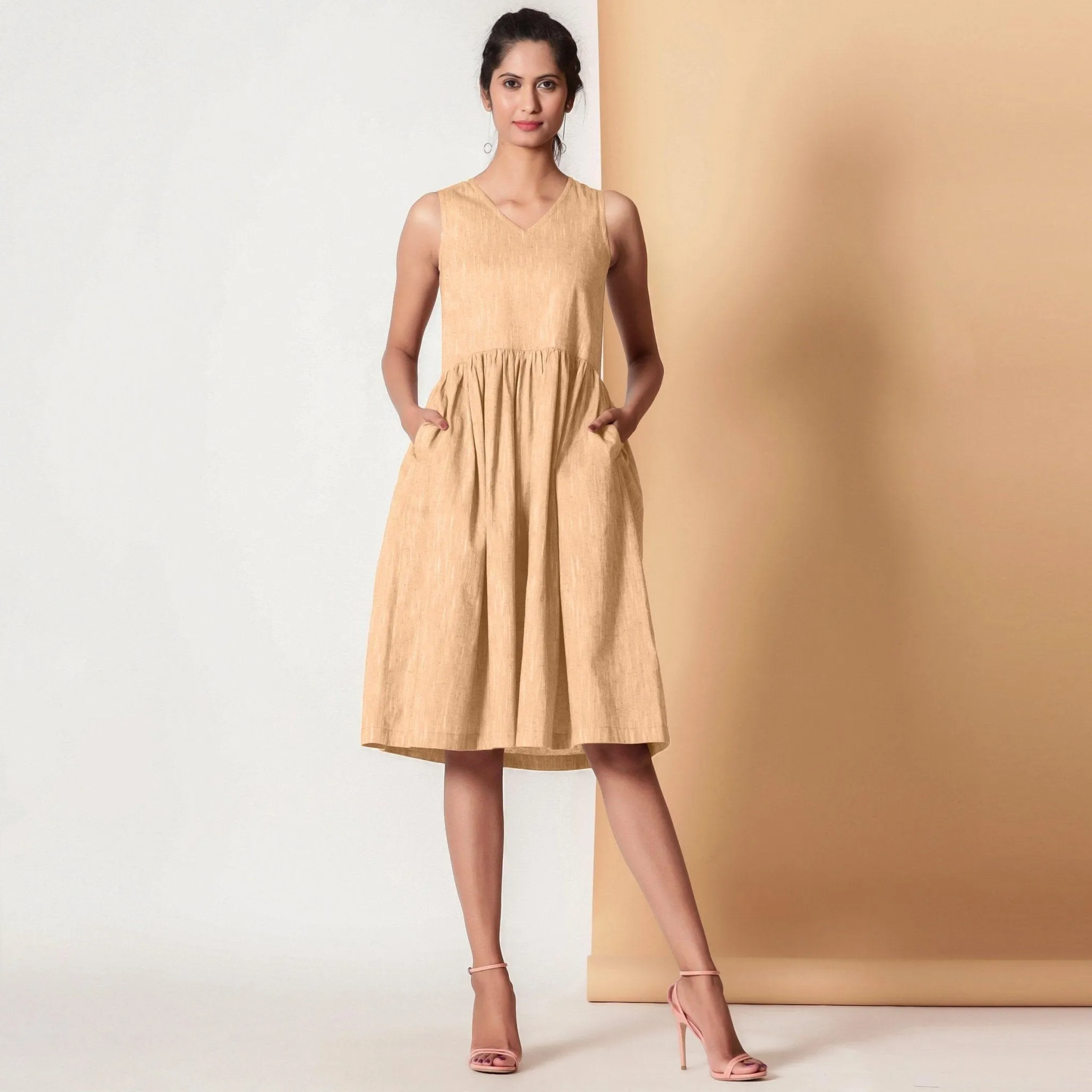 Peach Mellow Yarn Dyed Cotton V-Neck Yoked Midi Dress