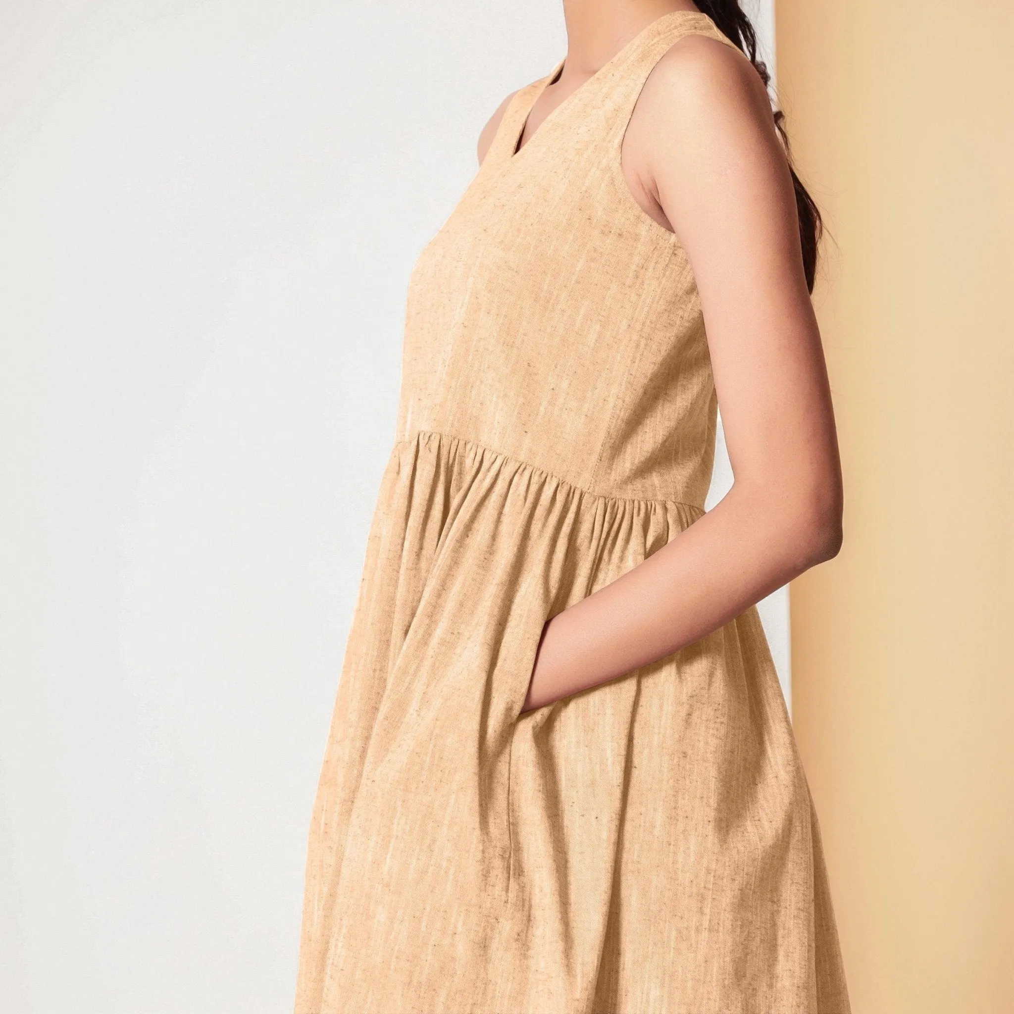 Peach Mellow Yarn Dyed Cotton V-Neck Yoked Midi Dress