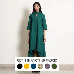 Pine Green Warm Cotton Frilled Neck Ankle Length Dress