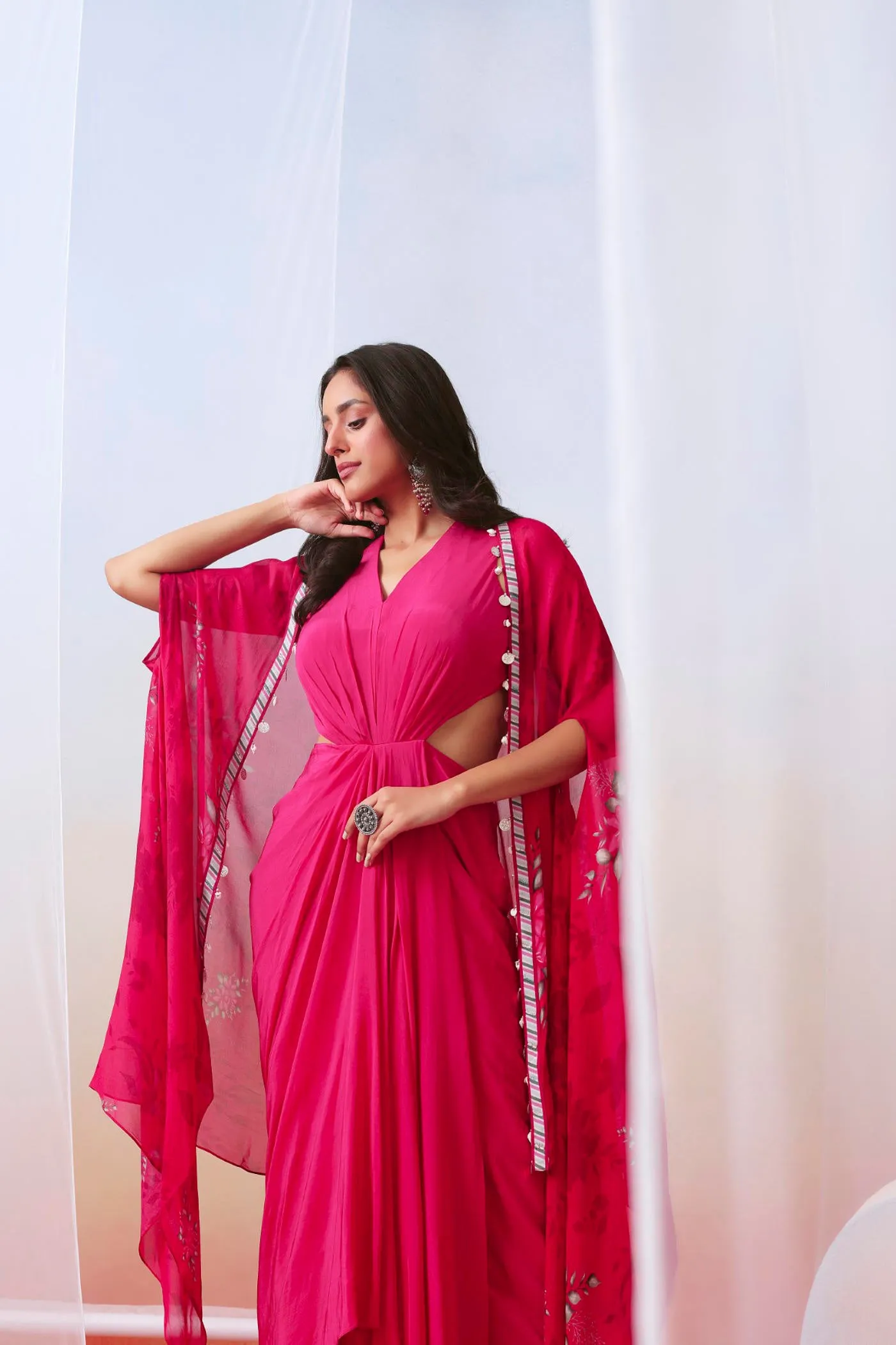 Pink drape dress with printed cape jacket