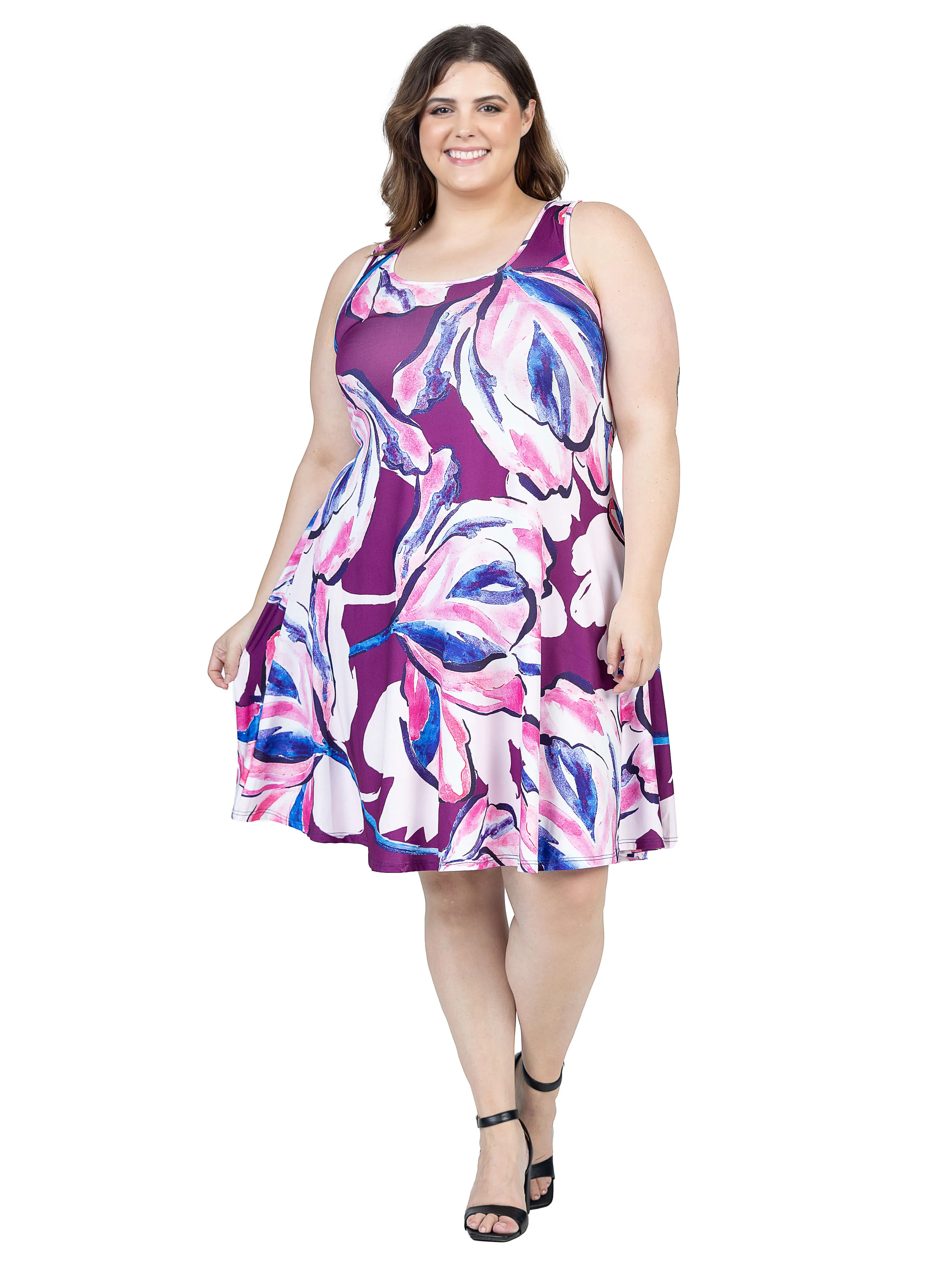 Plus Size Purple Floral Sleeveless Knee Length Tank Swing Dress