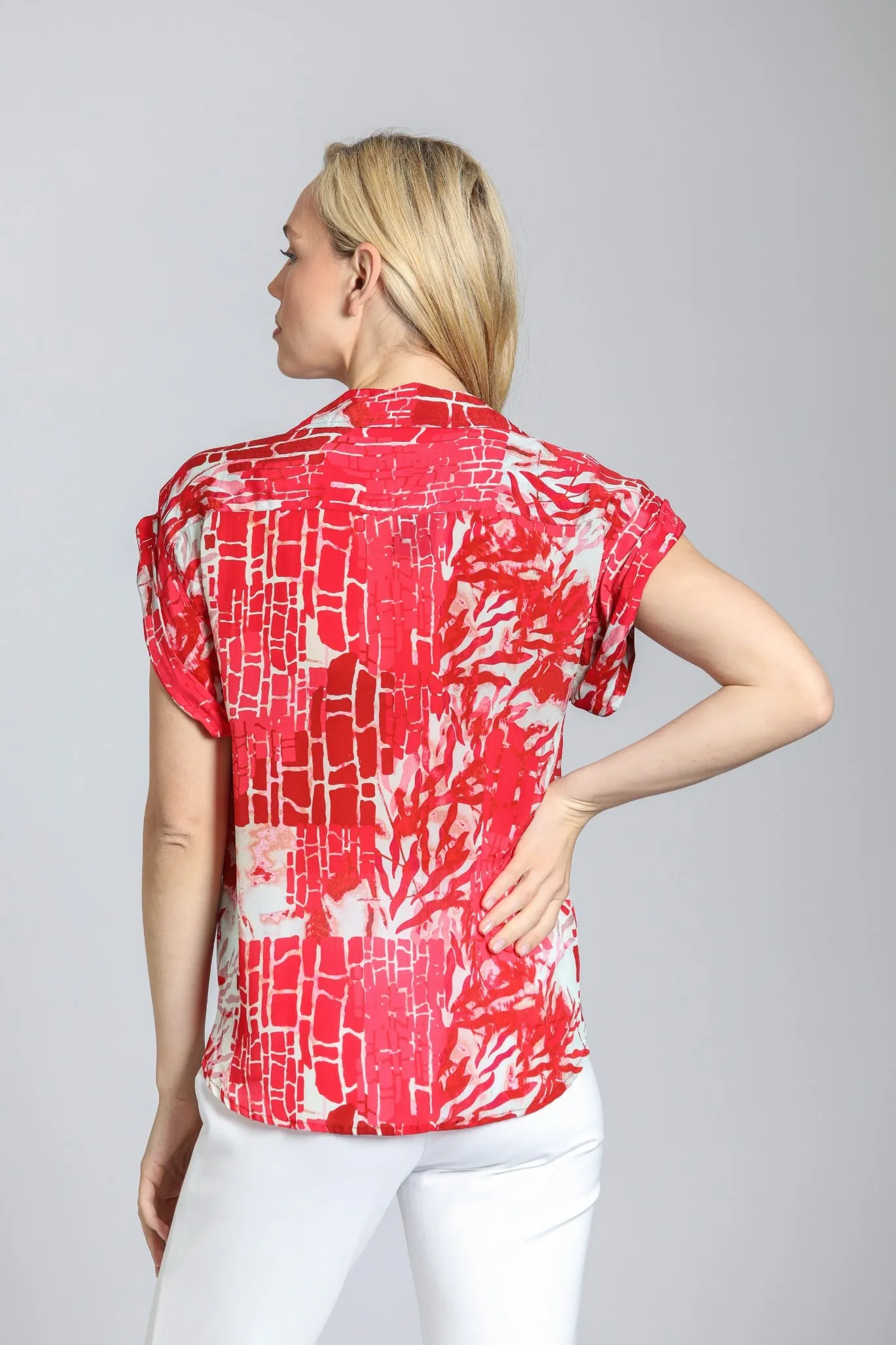 Printed Wrap Blouse With Tabbed Cuffs