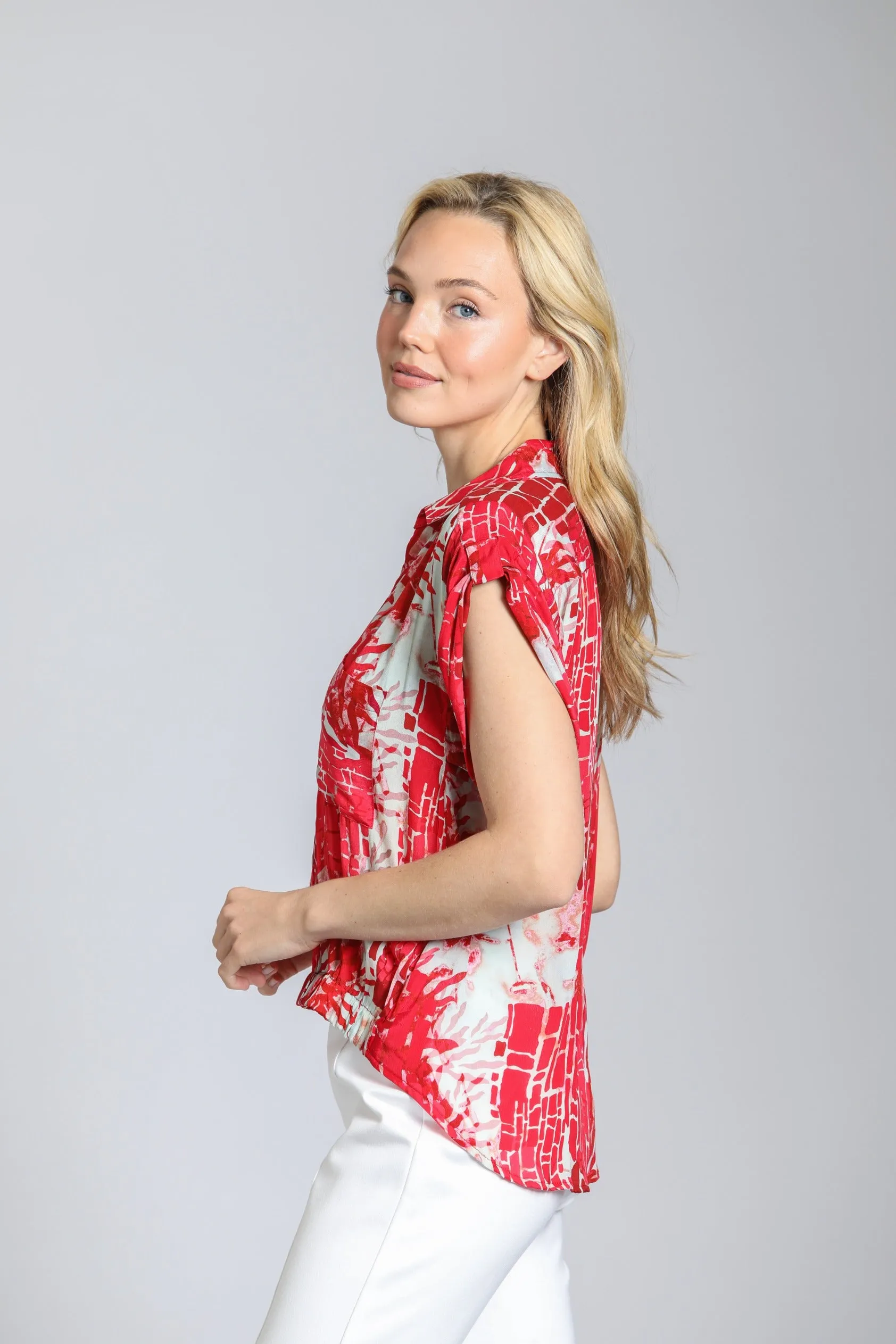 Printed Wrap Blouse With Tabbed Cuffs