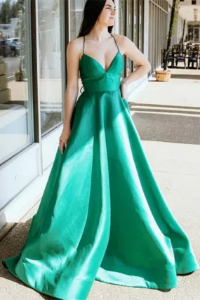 Promfast Simple V Neck Green Satin Long Prom Dresses, V Neck Green Formal Graduation Evening Dresses PFP2024