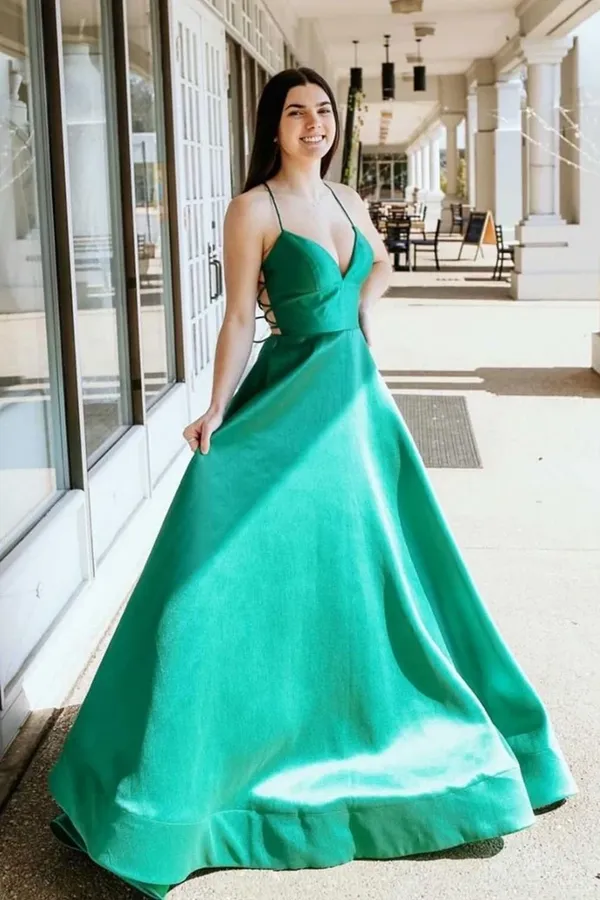 Promfast Simple V Neck Green Satin Long Prom Dresses, V Neck Green Formal Graduation Evening Dresses PFP2024